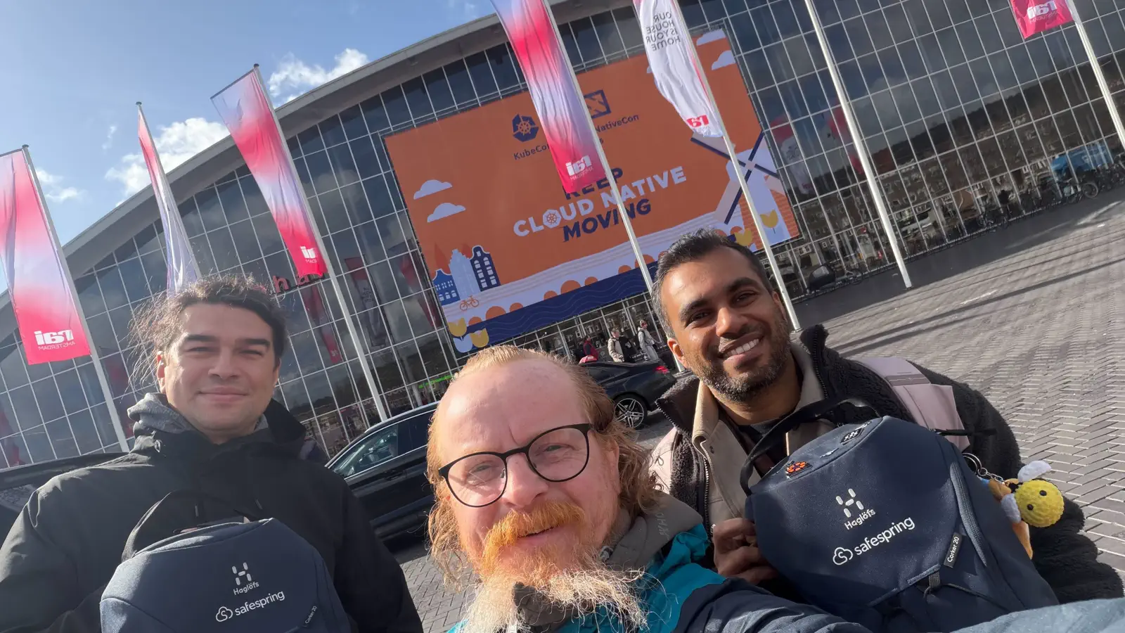 Safespring team members outside Amsterdam RAI during KubeCon + CloudNativeCon Europe 2026.