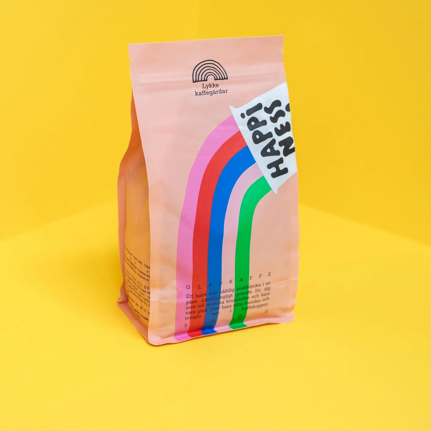 Bag of coffee from Lykke Kaffegardar on a yellow background